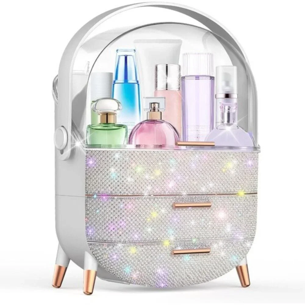 New Rhinestone Makeup Organizer, Skincare & Cosmetic Display Case for Teen Girls